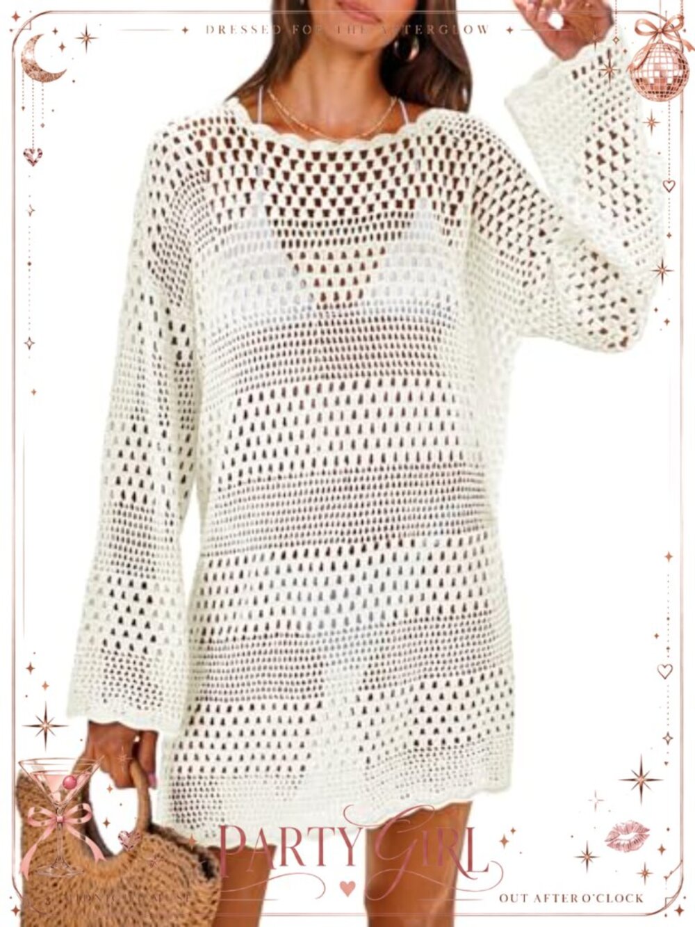 Women Crochet Knit Swim Cover Up Long Sleeve Mini Beach Dress